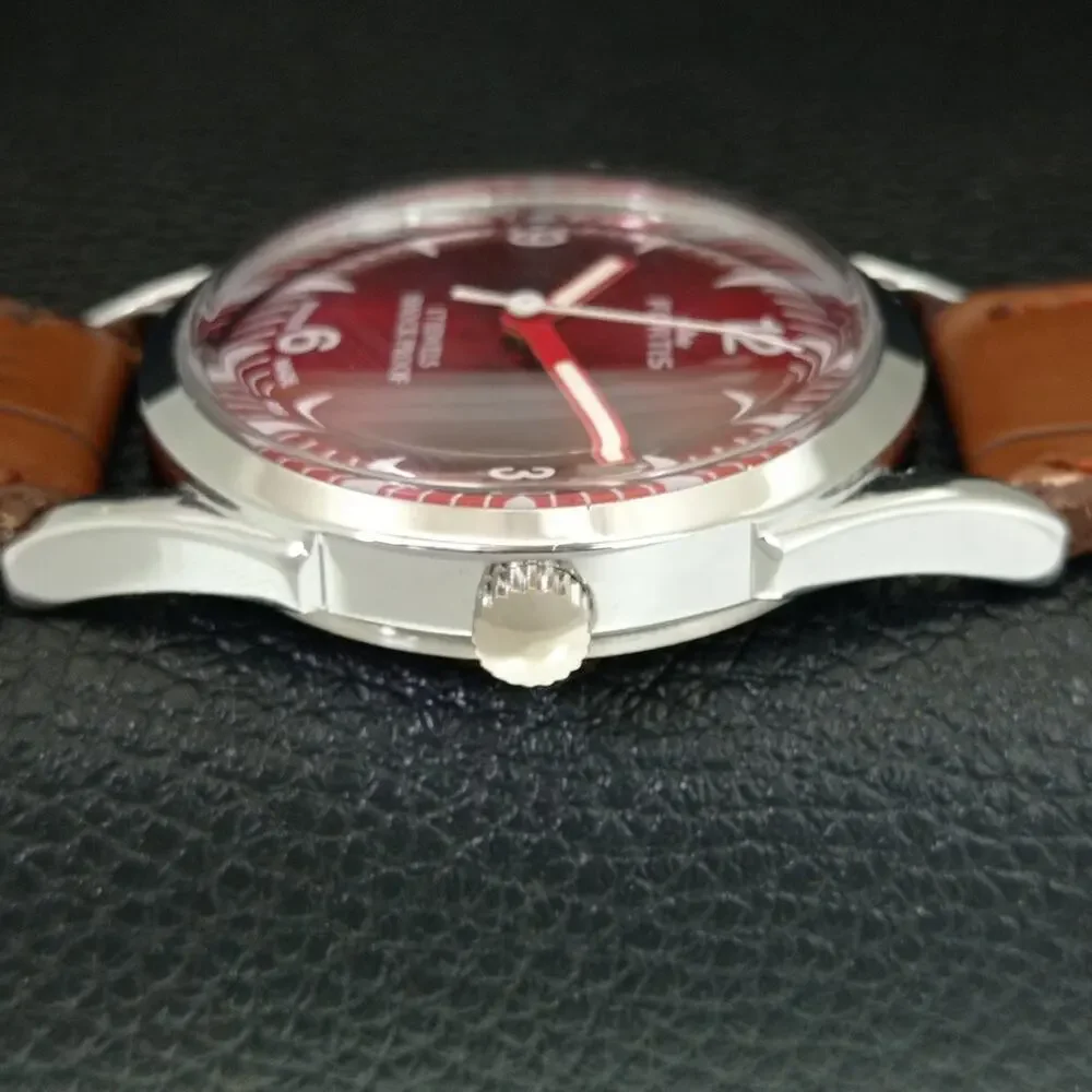 Vintage 1974 Fortis Manual Mens Silver Watch W/Leather Strap & Red accents